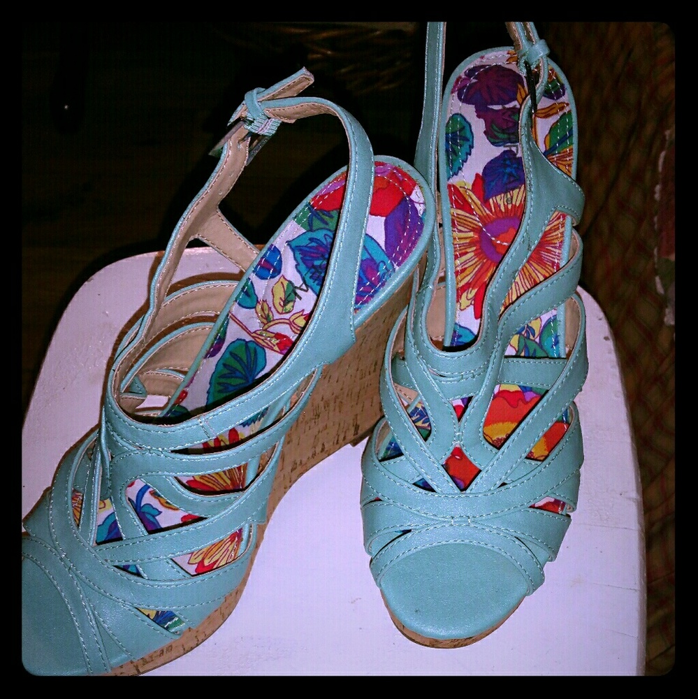 Teal Sandals With Cork-Wrapped Wedge Heel